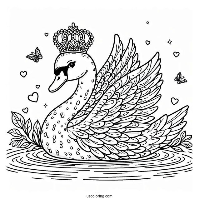 Swan Coloring Page With Crown In The Pond