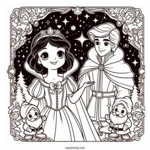 Snow White, The Prince, And Seven Dwarfs To Color