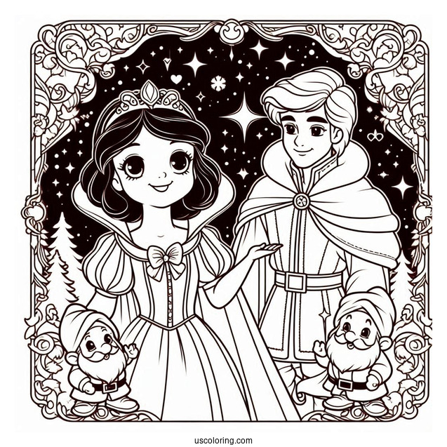 Snow White, The Prince, And Seven Dwarfs To Color