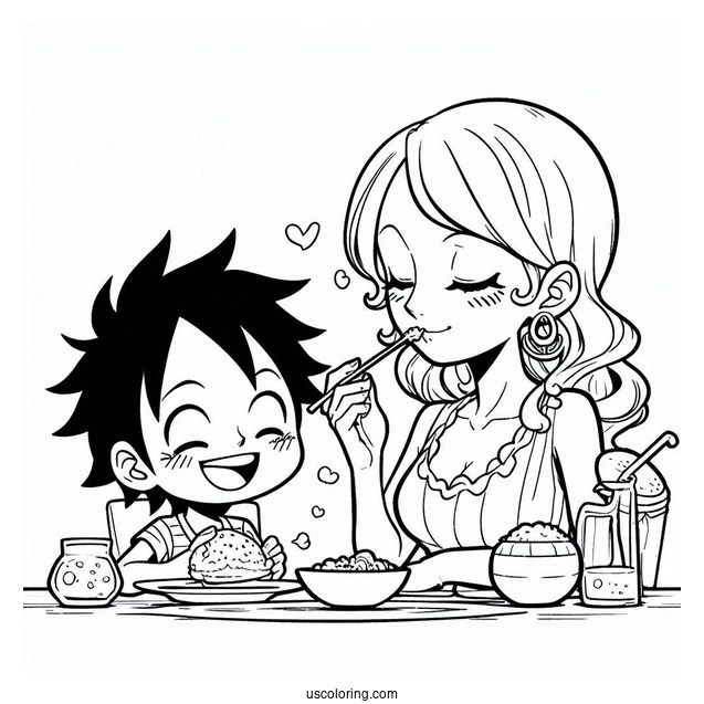 Luffy Coloring Page Eating And Drinking With Nami