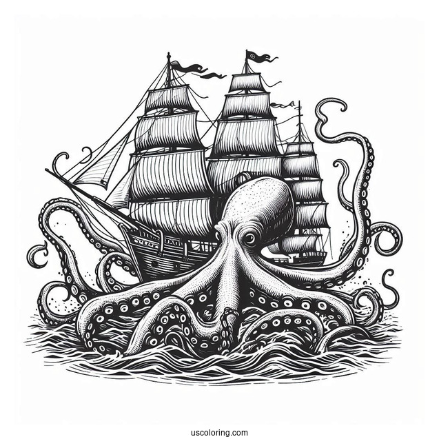 Giant Kraken Octopus Coloring Page Capturing Ship