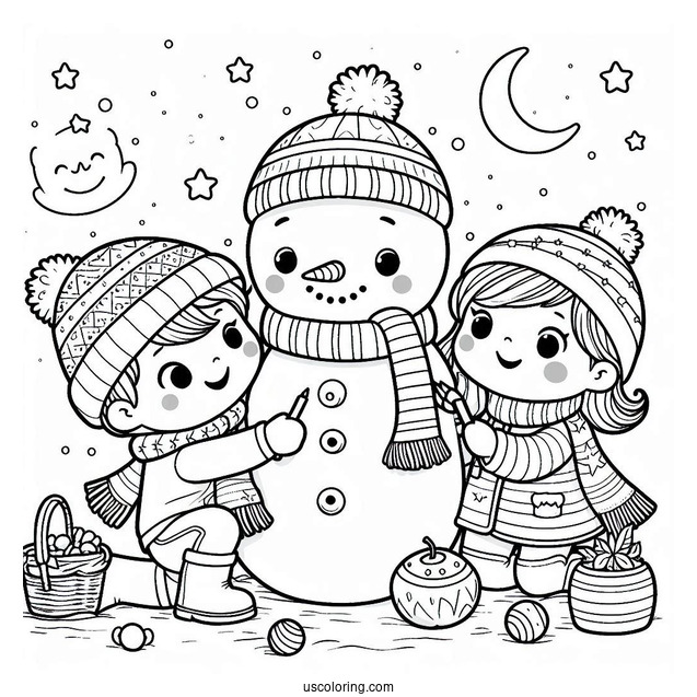Kids Decorating a Snowman To Color