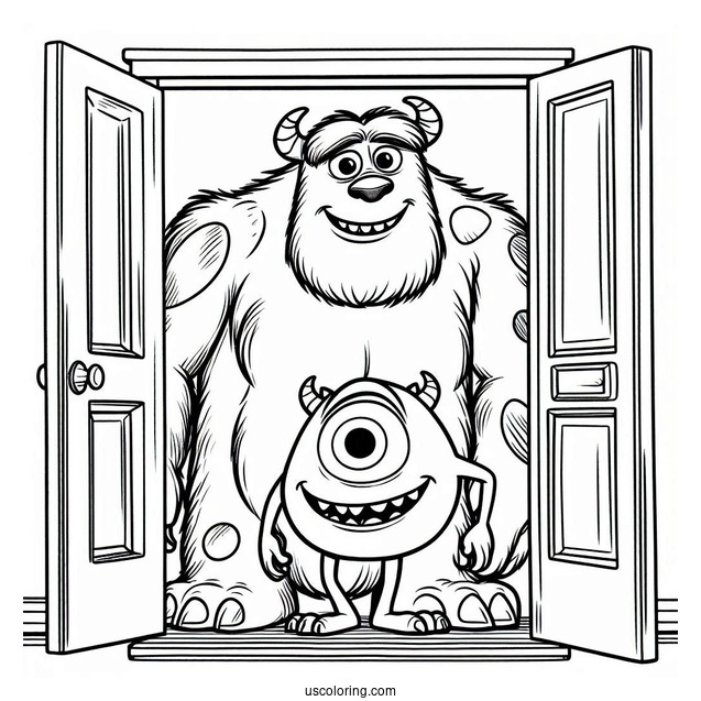 Pixar Coloring Page of Sully And Mike In Front Of Door Mosnter s Inc