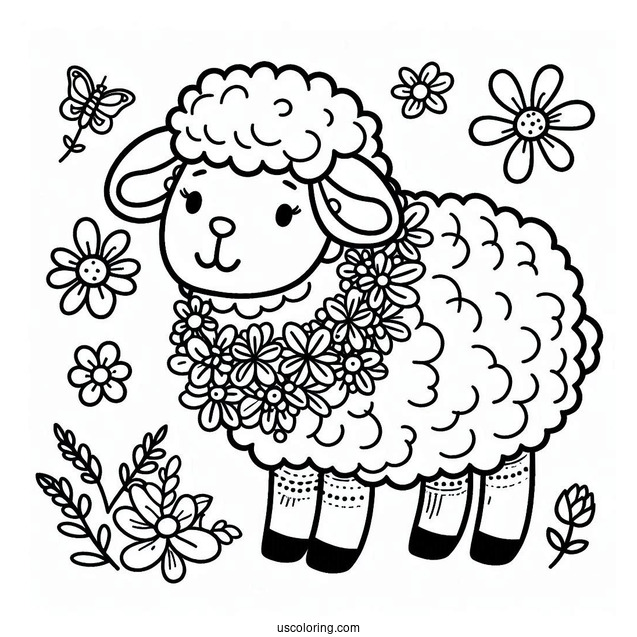 Easy Sheep With Flower Necklace Spring Coloring Page