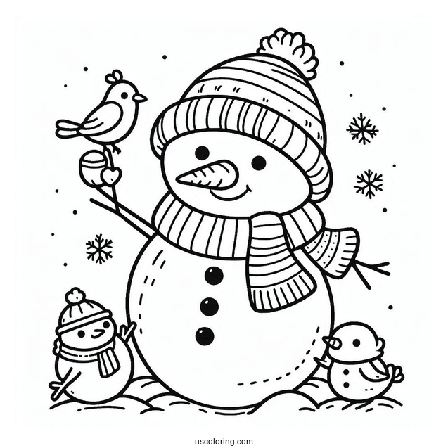Snowman With Dig And Bird To Color
