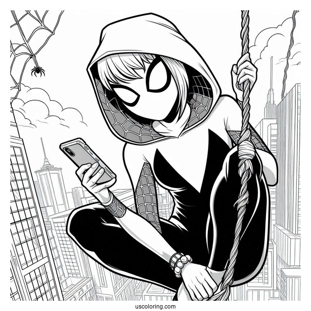 Spider-Gwen Coloring Page Texting While Swinging From A Web