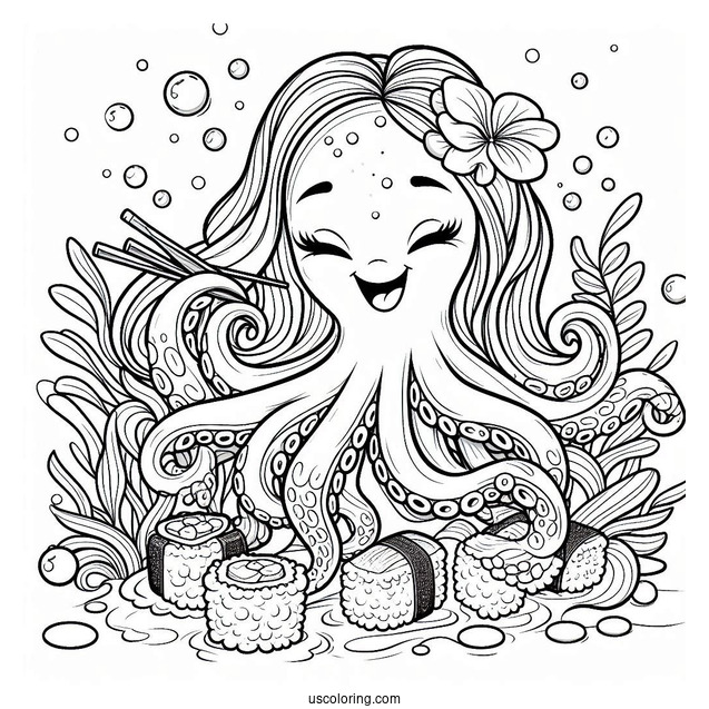 Octopus Eating Sushi Coloring Pages Underwater For Kids