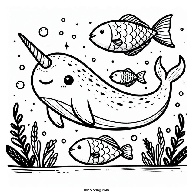 Narwhal Coloring Page Swimming With Fishes