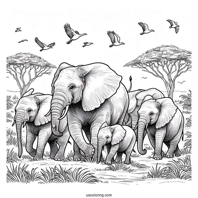 Herd Of Elephants Coloring Page For Kids