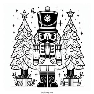 Nutcracker Coloring Page Standing In Front of Two Christmas Trees