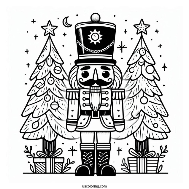 Nutcracker Coloring Page Standing In Front of Two Christmas Trees