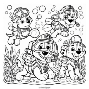 Paw Patrol Dogs Scuba Diving Coloring Page
