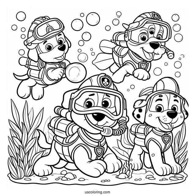 Paw Patrol Dogs Scuba Diving Coloring Page