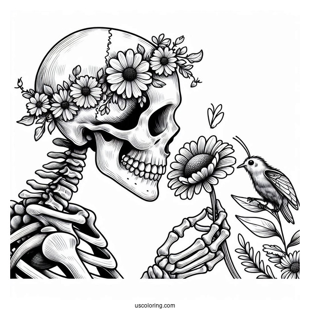 Realistic Skeleton Coloring Page Sniffing Flower
