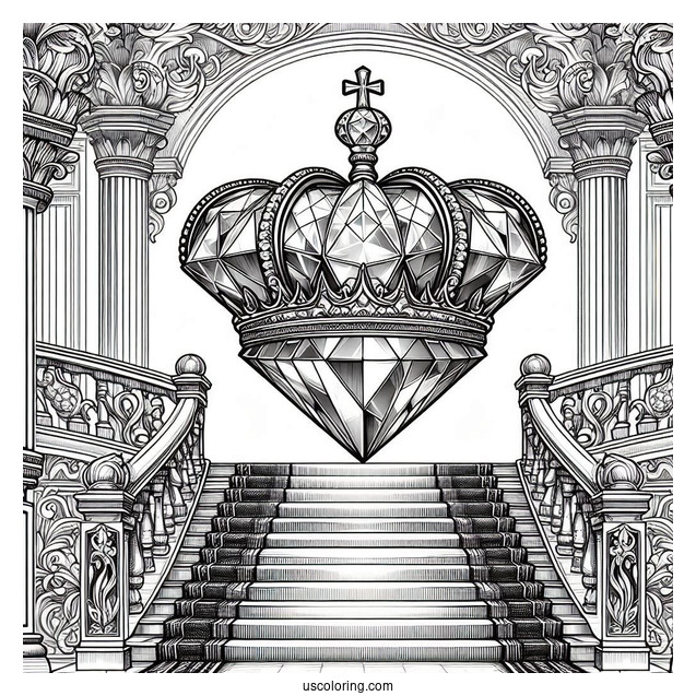 Royal Crown Coloring Page With Large Diamond Displayed on a Grand Staircase