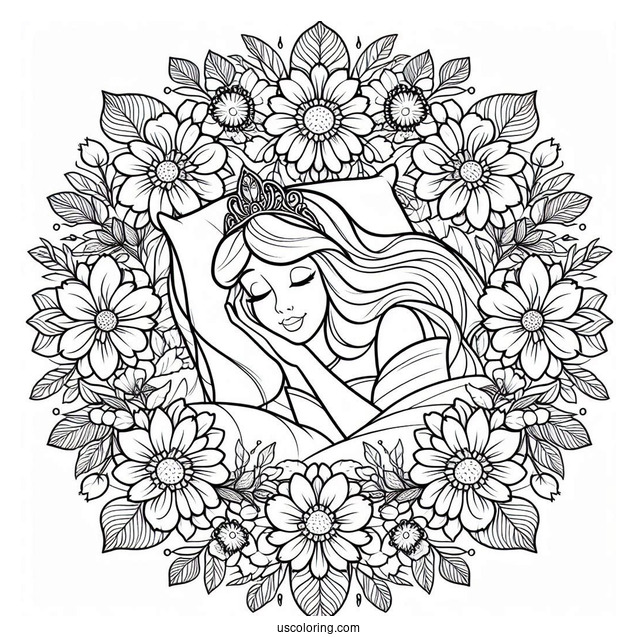Sleeping Beauty Coloring Page Of Princess Aurora At The Center Of A Flower Mandala