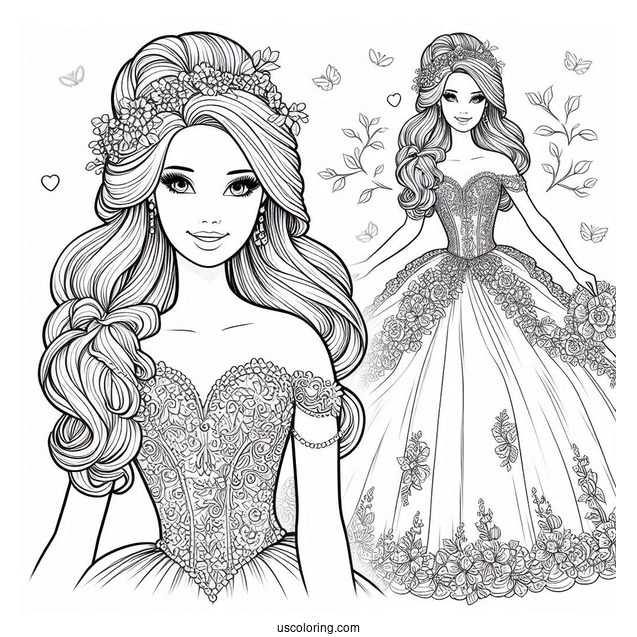 Princess Barbie In Gown Coloring Page