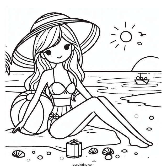 Simple Girl In Swimsuit With A Beach Ball Summer Coloring Page For Kids