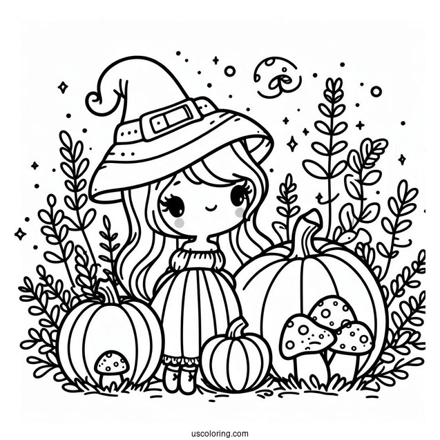 Simple Pumpkin Coloring Page With Mushrooms For Kids