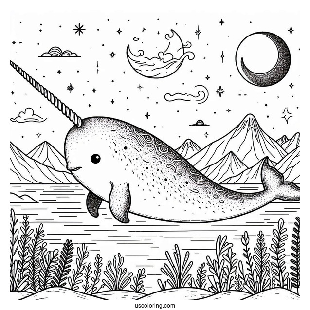 Detailed Narwhal Coloring Page In The Arctic To Color