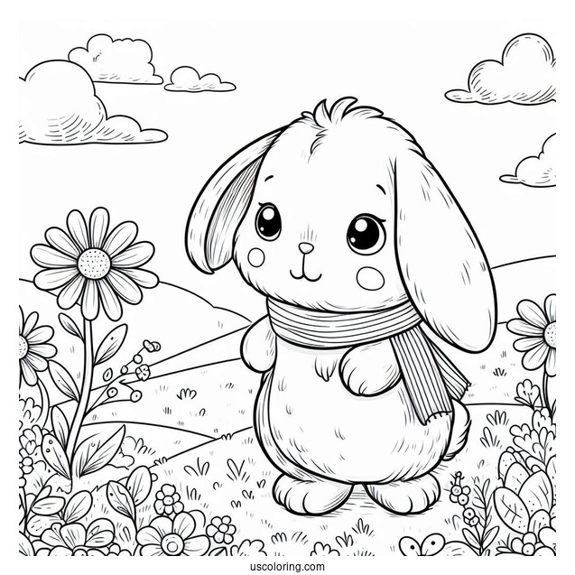 Cute Coloring Page Rabbit Hiking On A Flower Field