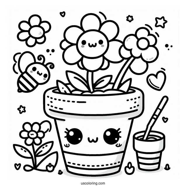 Spring Coloring Page Kawaii Flower Pot With Bee And Butterfly For Kids