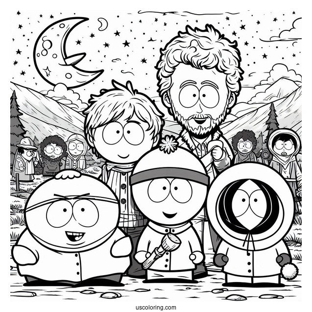 Eric, Stan, Kenny, And Kyle In Front Of South Park Coloring Page