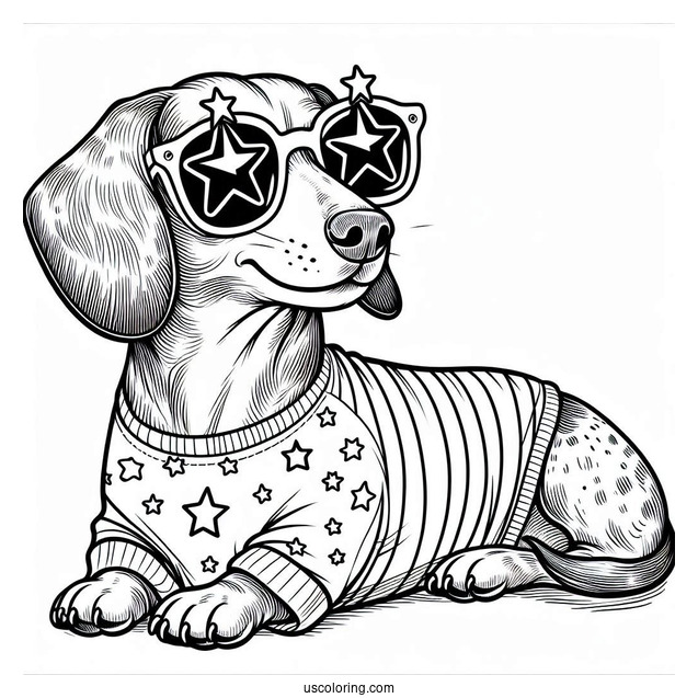 Dachshund Coloring Page Wearing Star Sunglasses And Shirt