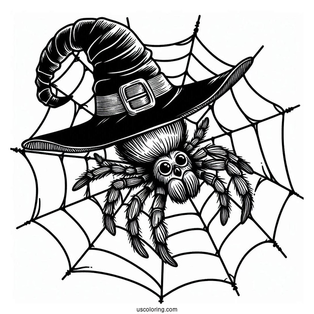 Outline Of Spider On Web Wearing Witches Hat