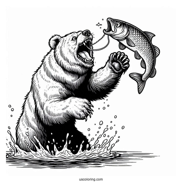 Scary Bear Coloring Page Catching Fish In The Air