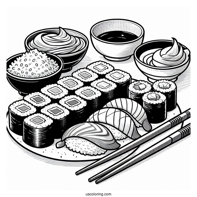 Realistic Sushi Coloring Pages Plate