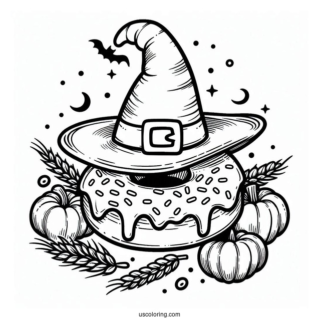 Donut Coloring Page Wearing A Witch's Hat On Halloween