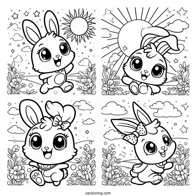 Sunny Bunnies Coloring Page Of Easy Iris, Big Boo, Hopper, Shiny, And Turbo In The Sky For Preschoolers
