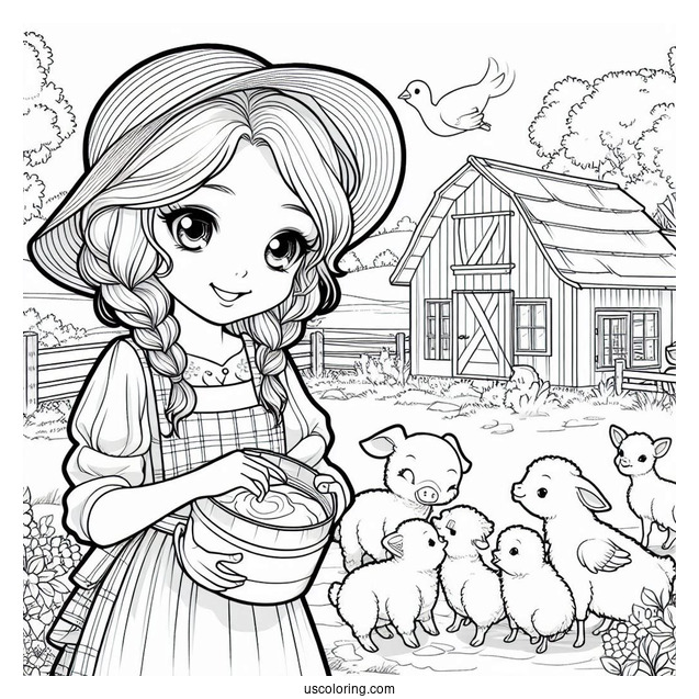 Farmer Wife Feeding Animals To Color