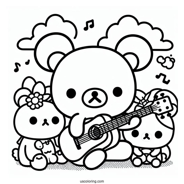 Rilakkuma Coloring Page Playing Guitar While Korilakkuma And Kiiroitori Listen For Kids