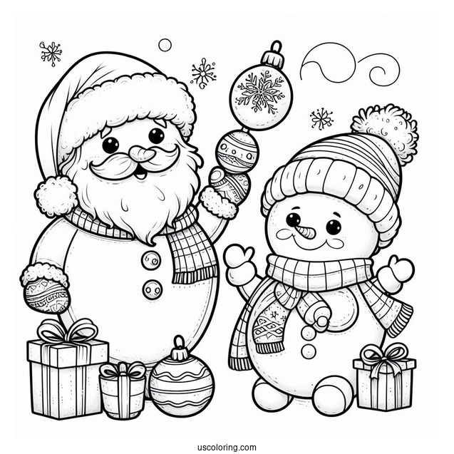 Santa And Snowman To Color With Ornaments And Presents