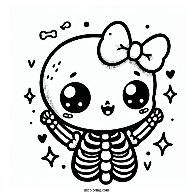 Kawaii Skeleton Coloring Page With Bow