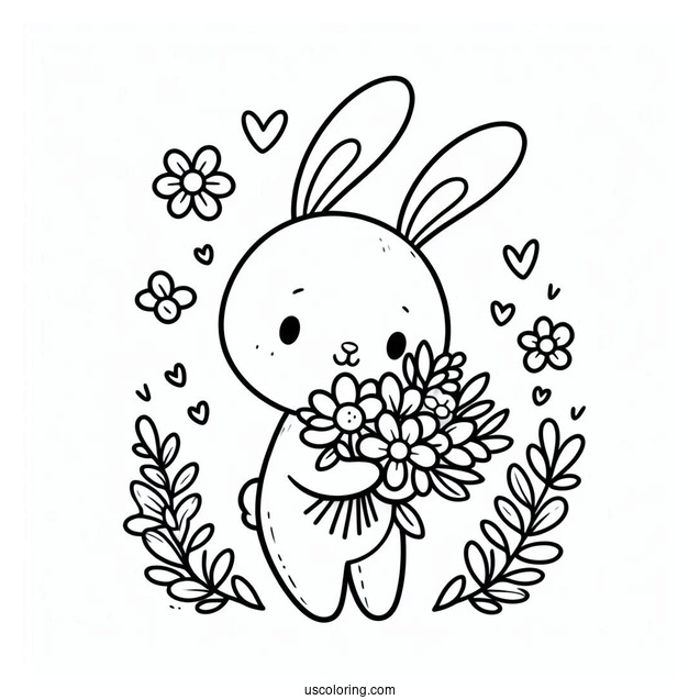 Happy Easter Bunny Coloring Page Holding Flower Bouquet For Kids