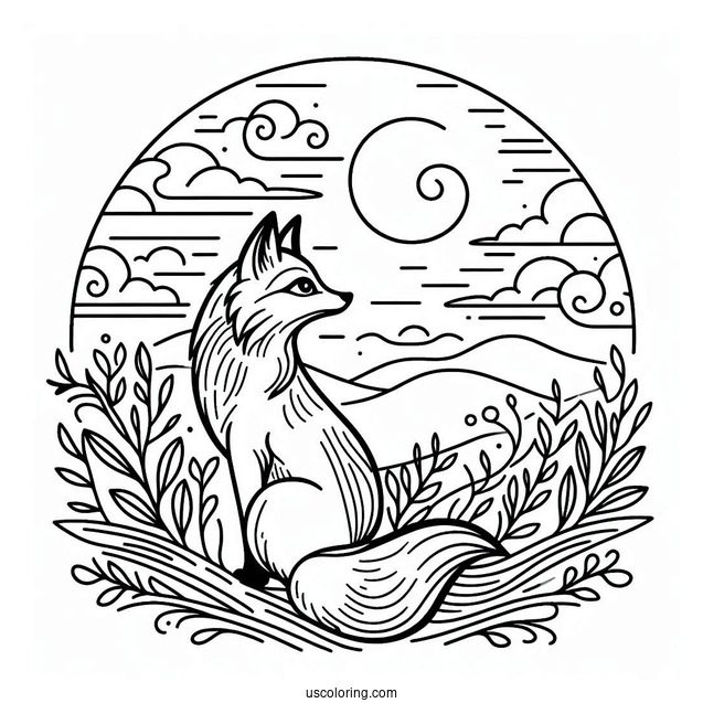 Fox Coloring Page Looking At Full Moon