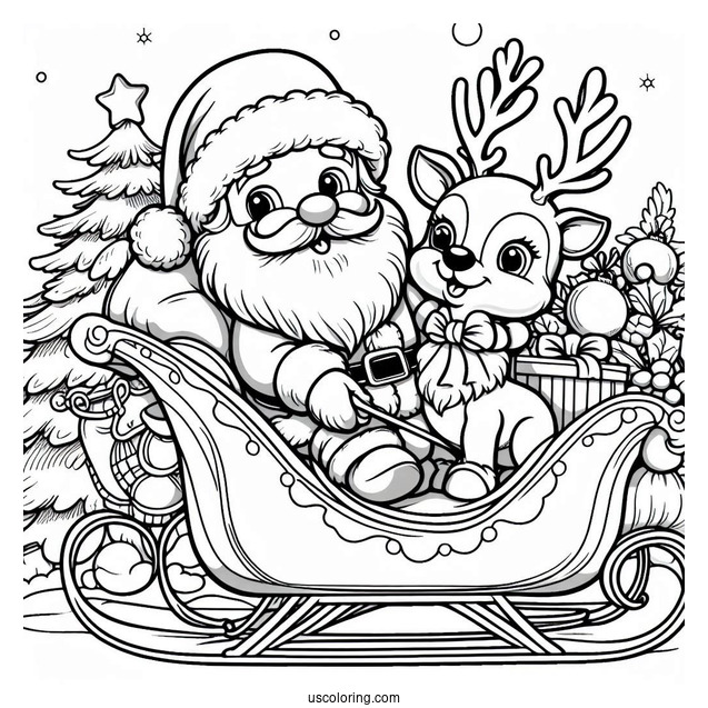 Santa In His Sleigh With Rudolph To Color