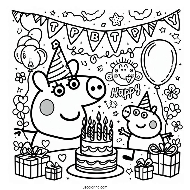 Peppa Pig Happy Birthday Coloring Sheet For Kids