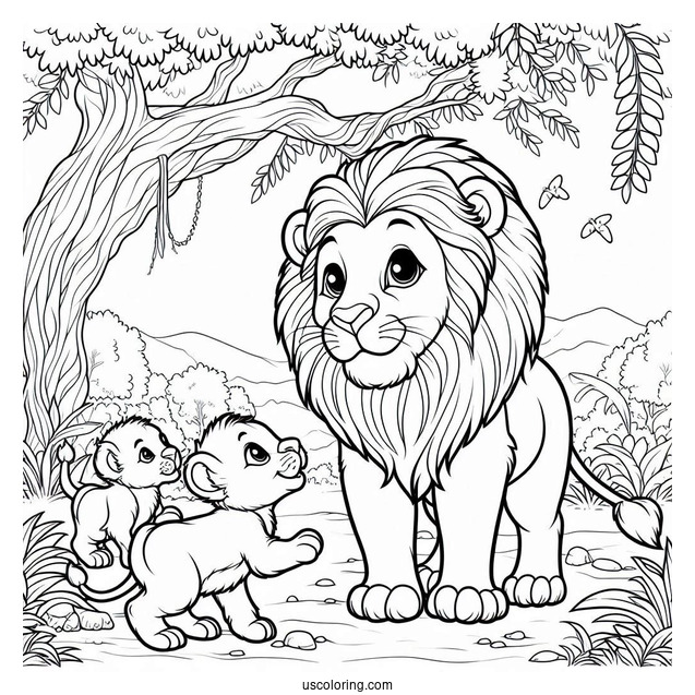 Lion With Two Cubs Playing In Jungle Coloring Page For Kids