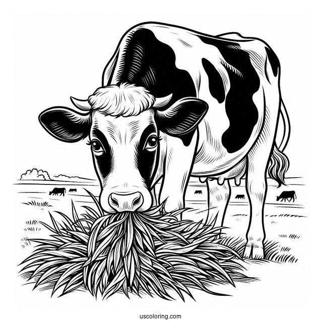 Holstein Cow Eating Grass On Farm Coloring Page