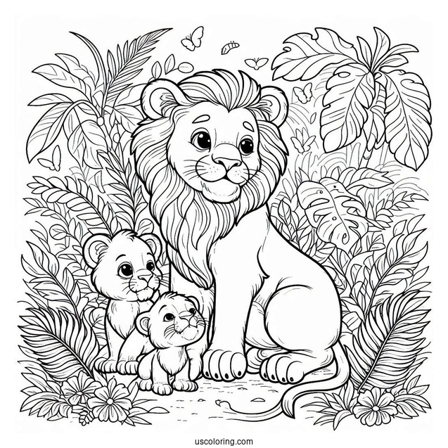 Lion With Two Cubs Playing In Jungle Coloring Page For Kids
