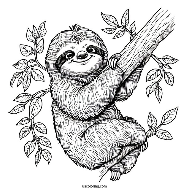 Smiling Sloth Hanging From Tree Branch To Color