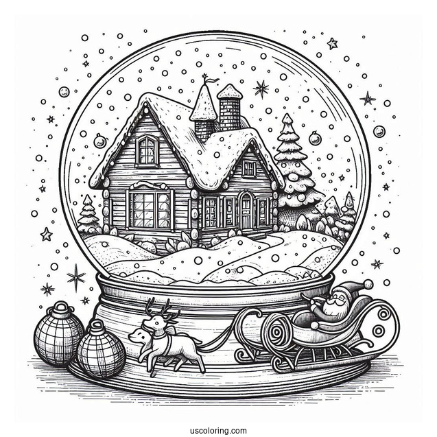 Snow Globe Coloring Page With Winter Cottage And Santa On A Sleigh
