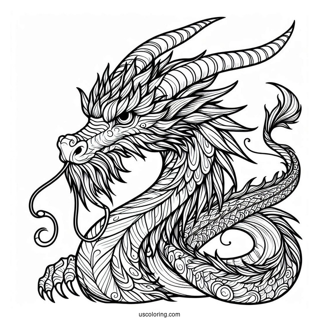 Detailed Dragon With Long Whiskers And Big Horns Coloring Page