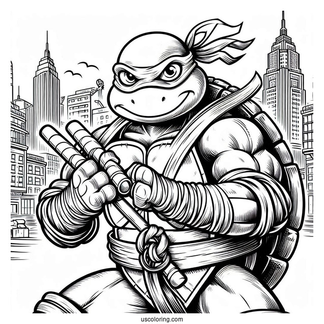 Ninja Turtles Coloring Page Of Michelangelo Using Nunchucks In City