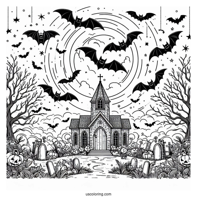 Halloween Graveyard With Bats Coloring Page In The Sky