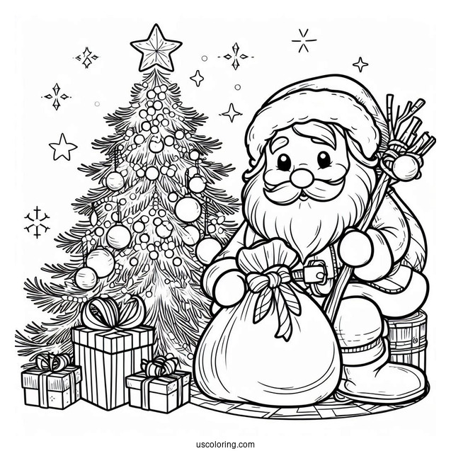 Santa With Sack Of Presents Next To Christmas Tree